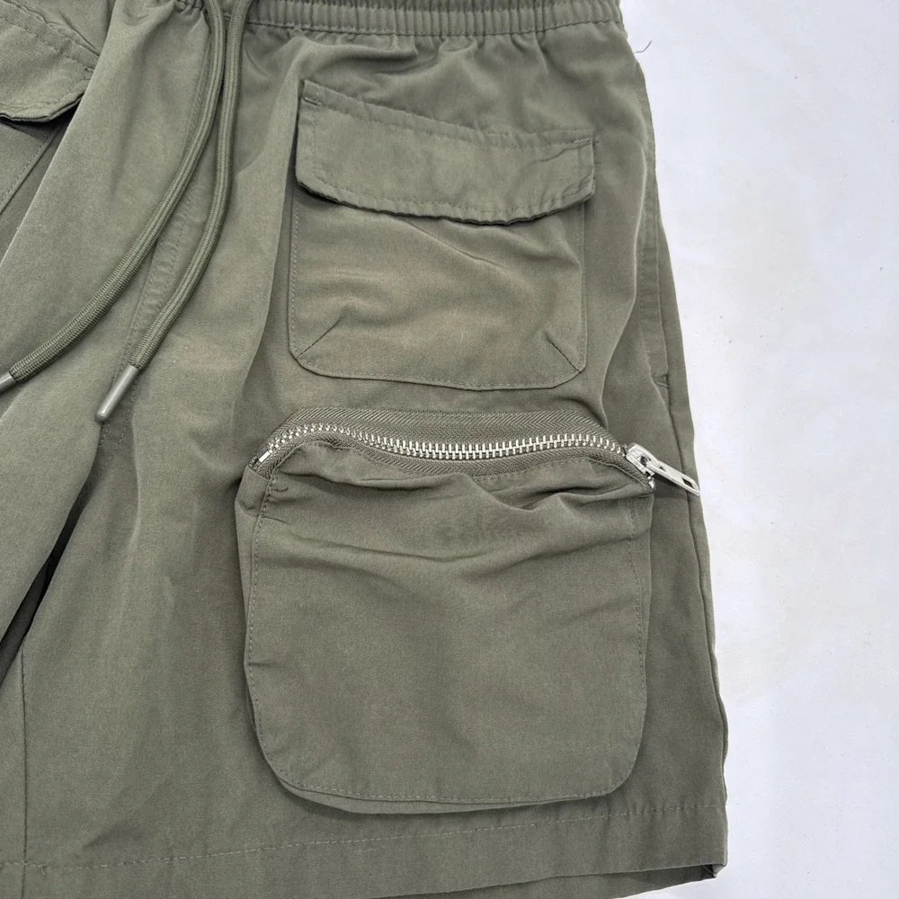 Forever 21 Elastic Waist Shorts Men's Size M - Army Green Cargo Zip Pockets - Picture 2 of 8